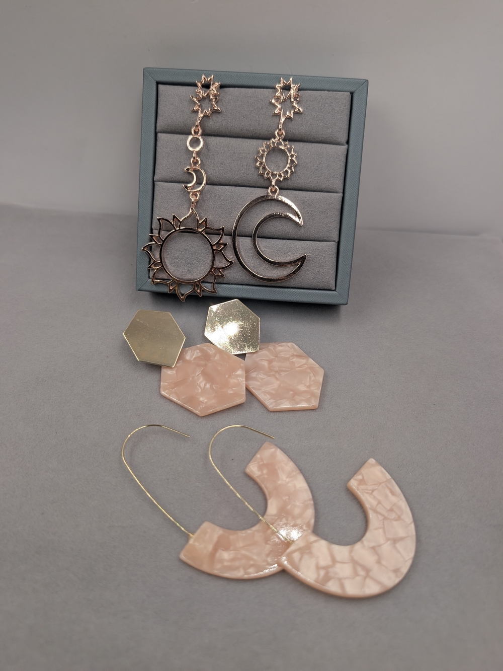Rose Gold Sun & Moon Drop Earrings with Pink Marbled Hoop Set